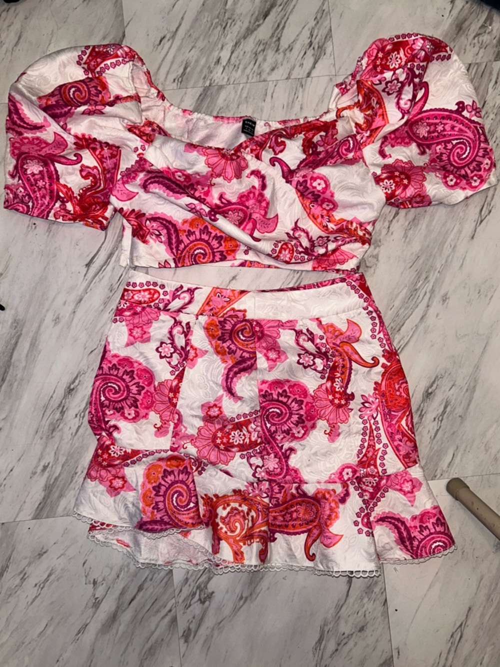 Pink & Coral Paisley Puff-Sleeve Crop Top and Mini Skirt Set
